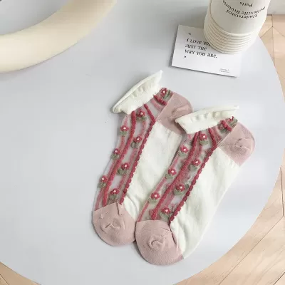 Sweet Little Flower Bear Boat Socks – Japanese Harajuku Style Transparent Thin Socks - Kawaii sheer design 1
