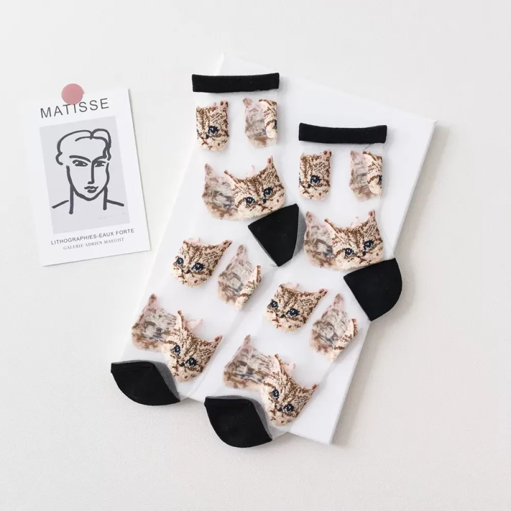 Transparent Cat Crystal Silk Socks – Korean Fashion, Summer Thin - Black