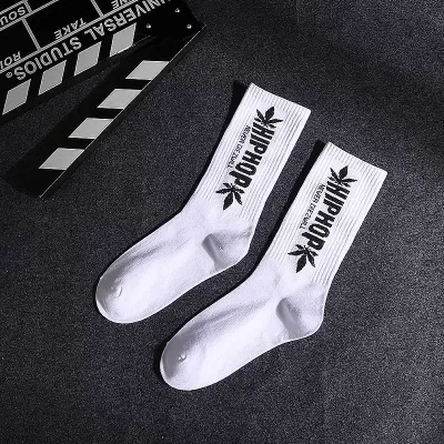 Urban Edge: Black & White Lettered Leaf Skateboard Socks - Hip hop design 16