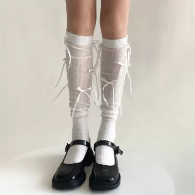 Ballet Whimsy: Lolita Girls’ Kawaii Knee-High Bandage Bowknot Socks - White design 2