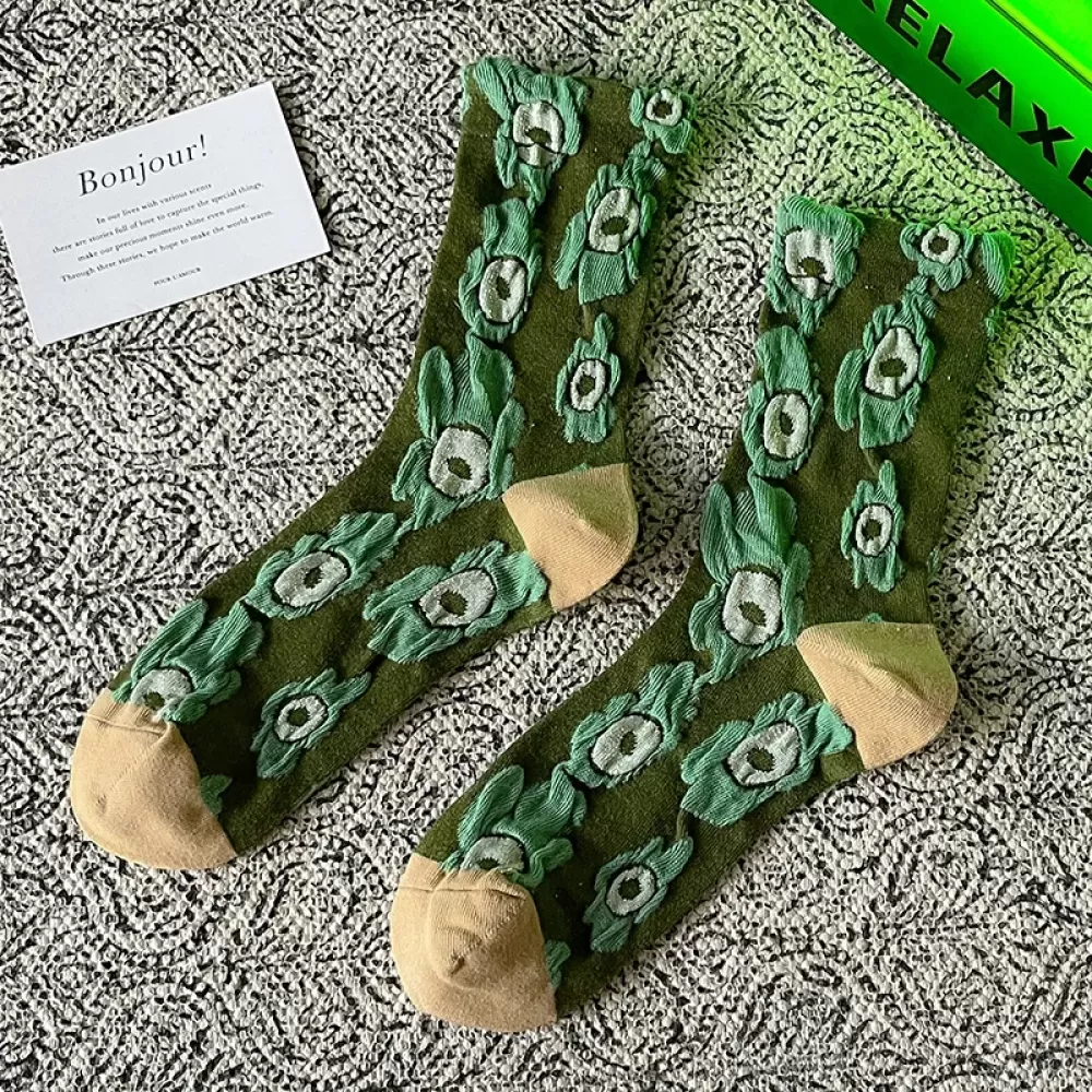 Botanical Elegance: Korean Cotton Floral Retro Socks for Women - Korean Socks design 1