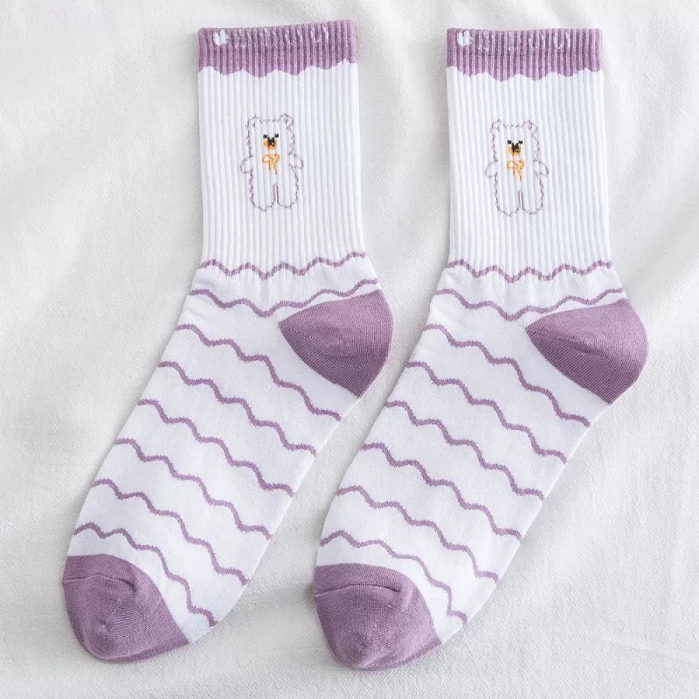 Charming Purple Bear Cotton Socks – Fashionable, Comfy & Cute - White-purple design 2