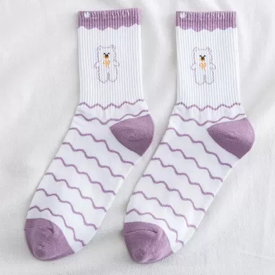 Charming Purple Bear Cotton Socks – Fashionable, Comfy & Cute - White-purple design 2