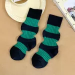 Chic Pleated Striped Mid-Tube Socks – Women’s Contrast Color Lantern Style - Dark Green