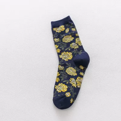 Colorful Peony Flower Cotton Socks – Fashionable Couples’ Harajuku Style - Black