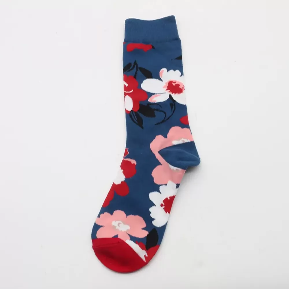 Desert Bloom: Whimsical Cactus Cartoon Socks - Dark blue pink flowers