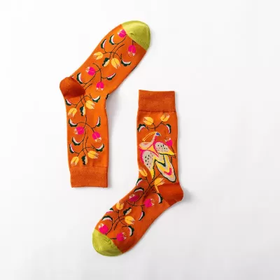 Desert Bloom: Whimsical Cactus Cartoon Socks - Orange yellow pink flowers