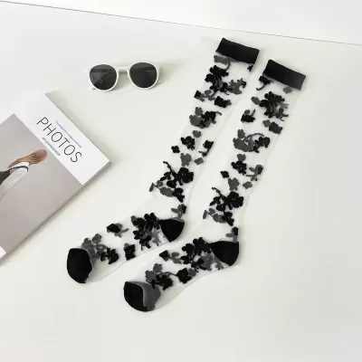 Elegant Japanese Flower Knee Socks – Ultra-Thin Crystal Silk Stockings for Summer - Black 2