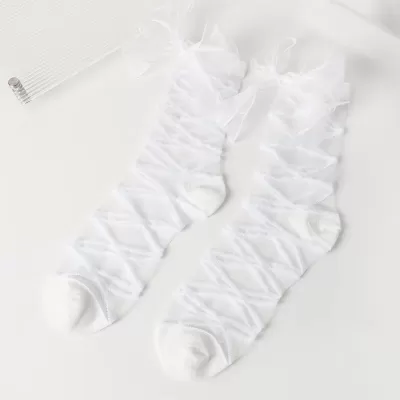 Elegant Organza Cross Lace Bow Socks – Japanese Lolita Style - White stripped design 2