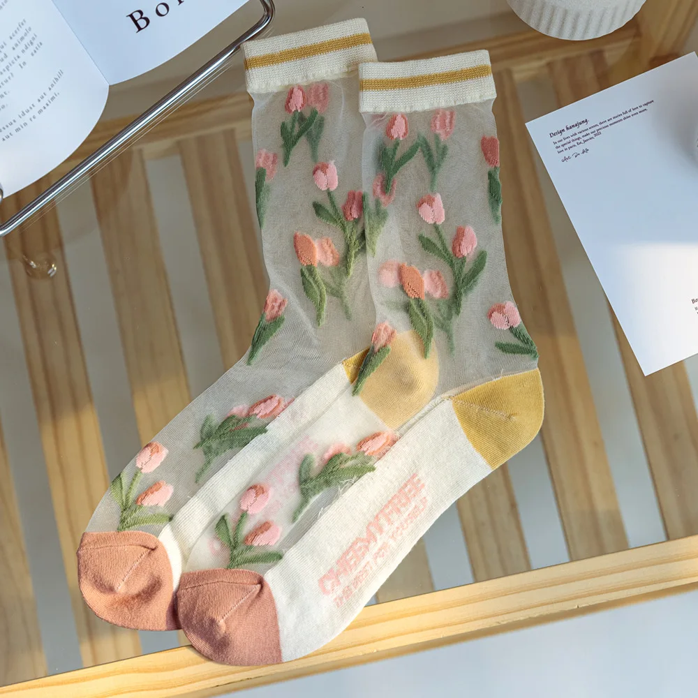 Elegant Summer JK Ultra-Thin Cotton Socks – Sheer Lace with Flower Painting - Kawaii cool design 2