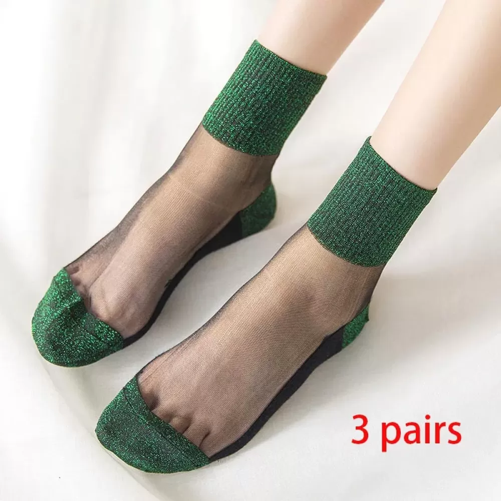 Glittering Ultrathin Transparent Crystal Silk Socks – 3-Pair Spring/Summer Set - Green