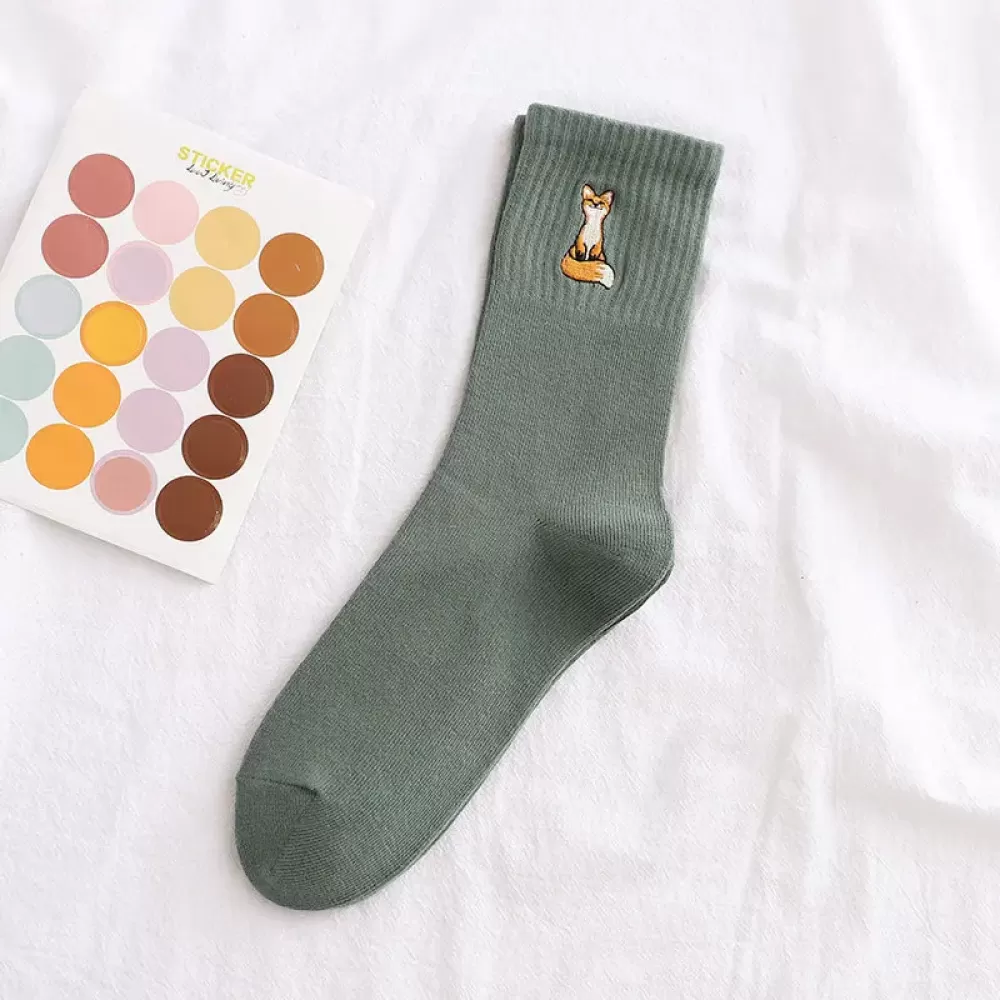 Happy Fox Embroidery Cotton Socks – Harajuku Style for Women - Green