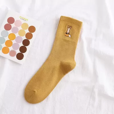 Happy Fox Embroidery Cotton Socks – Harajuku Style for Women - Yellow