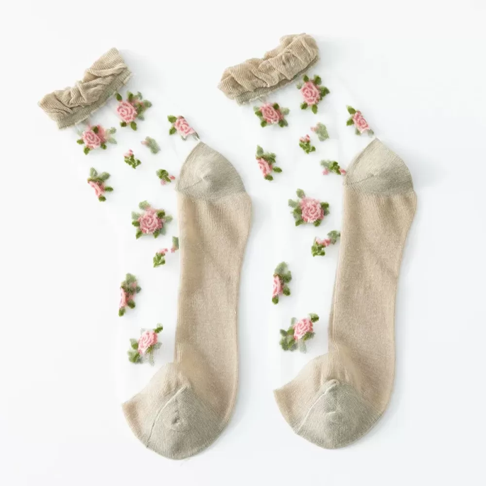 Japanese Glass Silk Middle Tube Socks – Ultra-Thin Retro Fairy Style for - Khaki