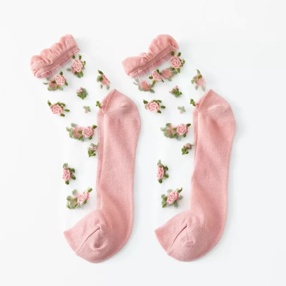 Japanese Glass Silk Middle Tube Socks – Ultra-Thin Retro Fairy Style for - Pink