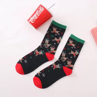 Merry Christmas Reindeer Cartoon Socks - Black