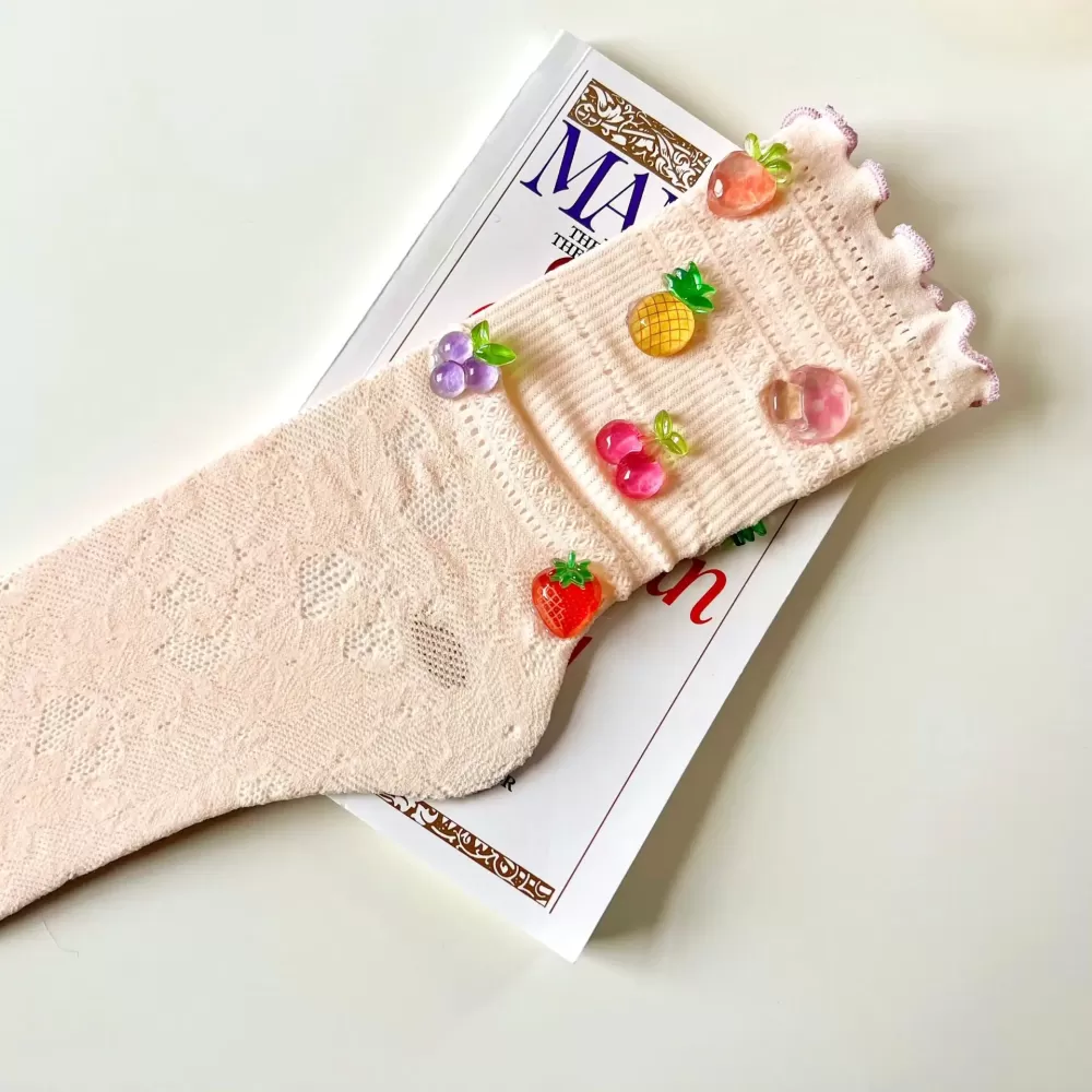 Millennial Korean Girl Lace Fishnet Calf Socks – Niche Design JK Candy-Colored Fruit Party - Pink
