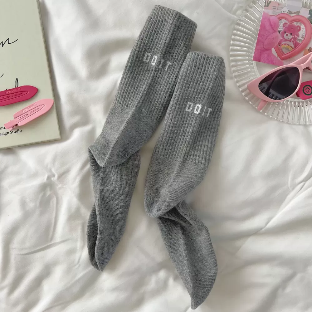 Pink Sports Socks – Spring/Autumn Cotton Style with Letter Detail - Gray