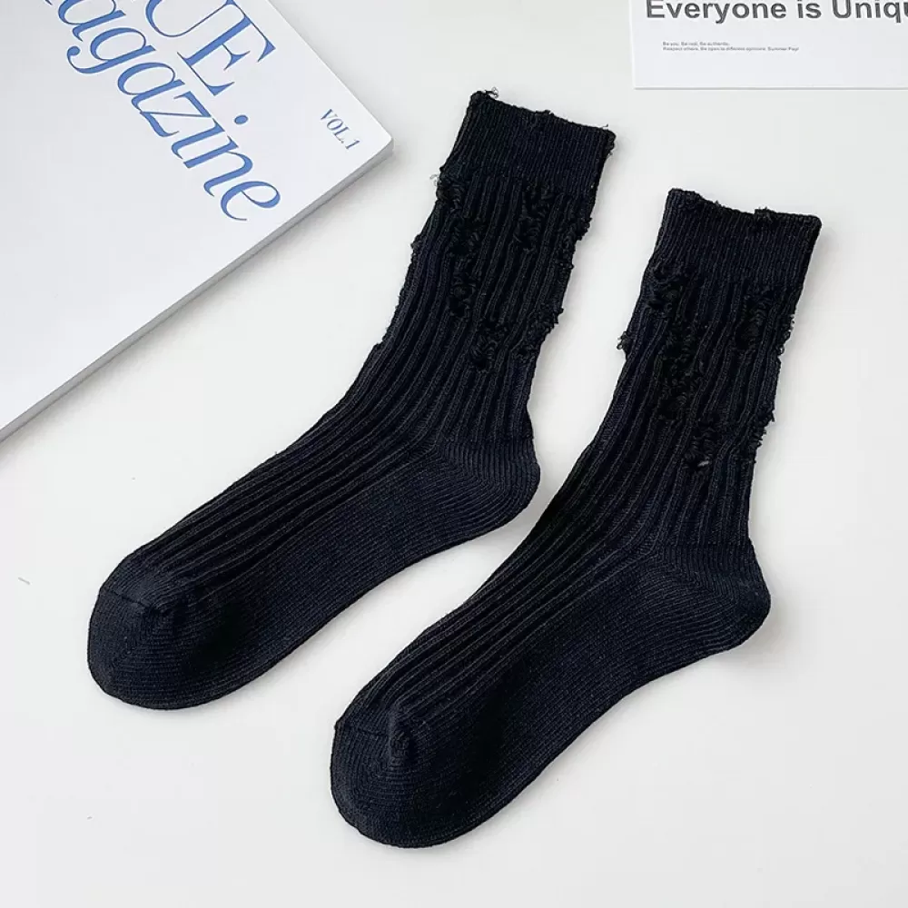 Pure Cotton Breathable Hole Socks – Retro Loose Korean-Japanese Style - Black