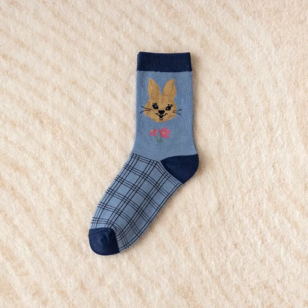 Retro Embroidery Rabbit Striped Tube Socks – Japanese Cute, Autumn Style - Blue