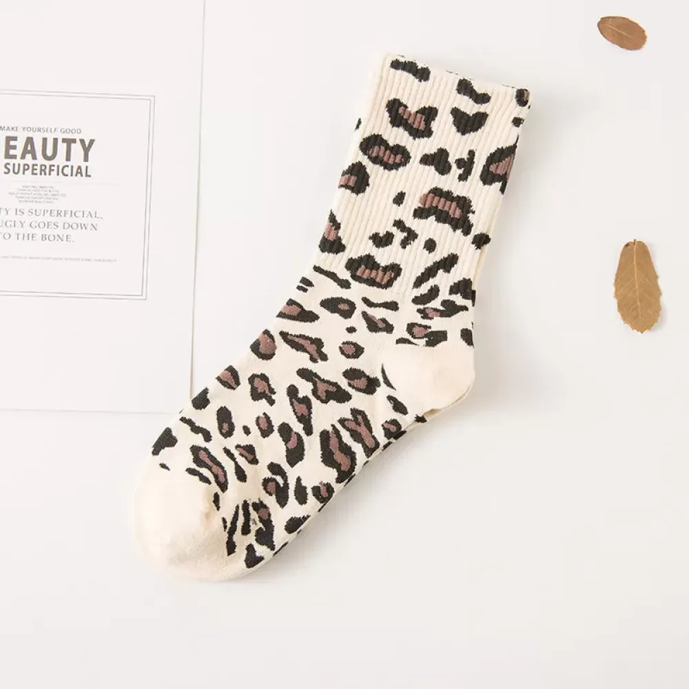 Trendy Leopard Print Socks – 8 Colors, Korean Fashion Statement - White