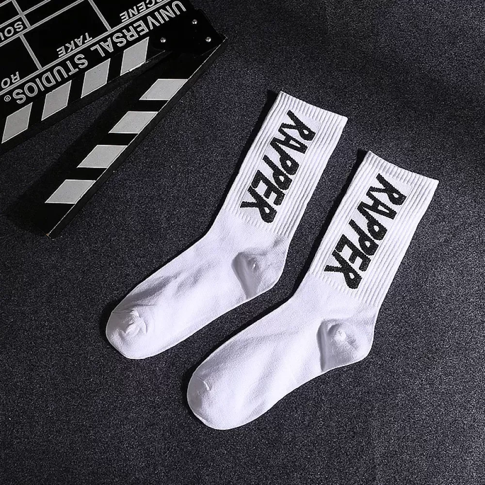 Urban Edge: Black & White Lettered Leaf Skateboard Socks - Hip hop design 17