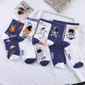 5 Pairs Astronaut & Moon Pattern Socks – Mid-Calf Cartoon Rocket Comfort - One Size
