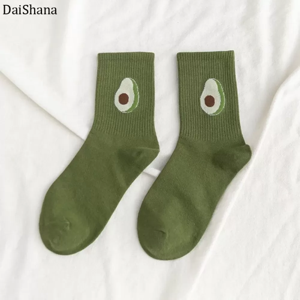 Avocado Joy: Playful Cartoon Fruit Socks for Women - Green