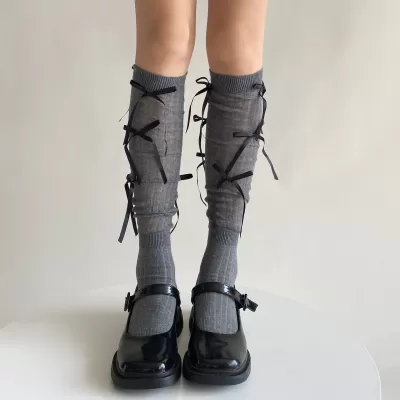 Ballet Whimsy: Lolita Girls’ Kawaii Knee-High Bandage Bowknot Socks - Gray design 2
