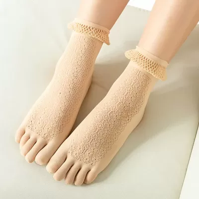 Chic Lace 5-Finger Toe Socks – Sexy Fishnet Harajuku Style - Beige