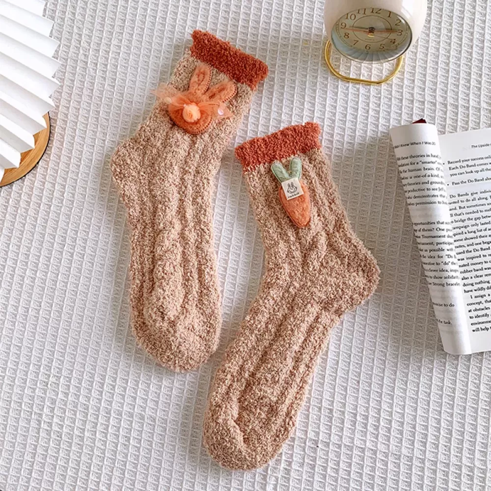 Cozy Cuteness: Women’s Japanese Coral Velvet Rabbit & Carrot Sleeping Socks - Khaki