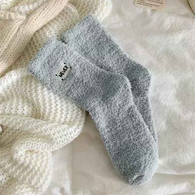 Cozy Winter Charm: Women’s Fuzzy Embroidery Socks – Warm and Kawaii - Blue