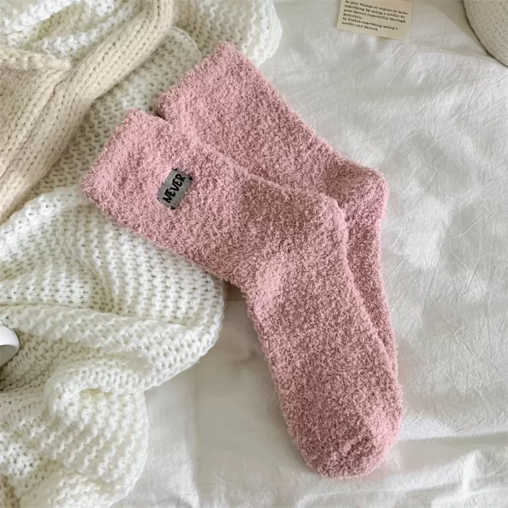 Cozy Winter Charm: Women’s Fuzzy Embroidery Socks – Warm and Kawaii - Pink