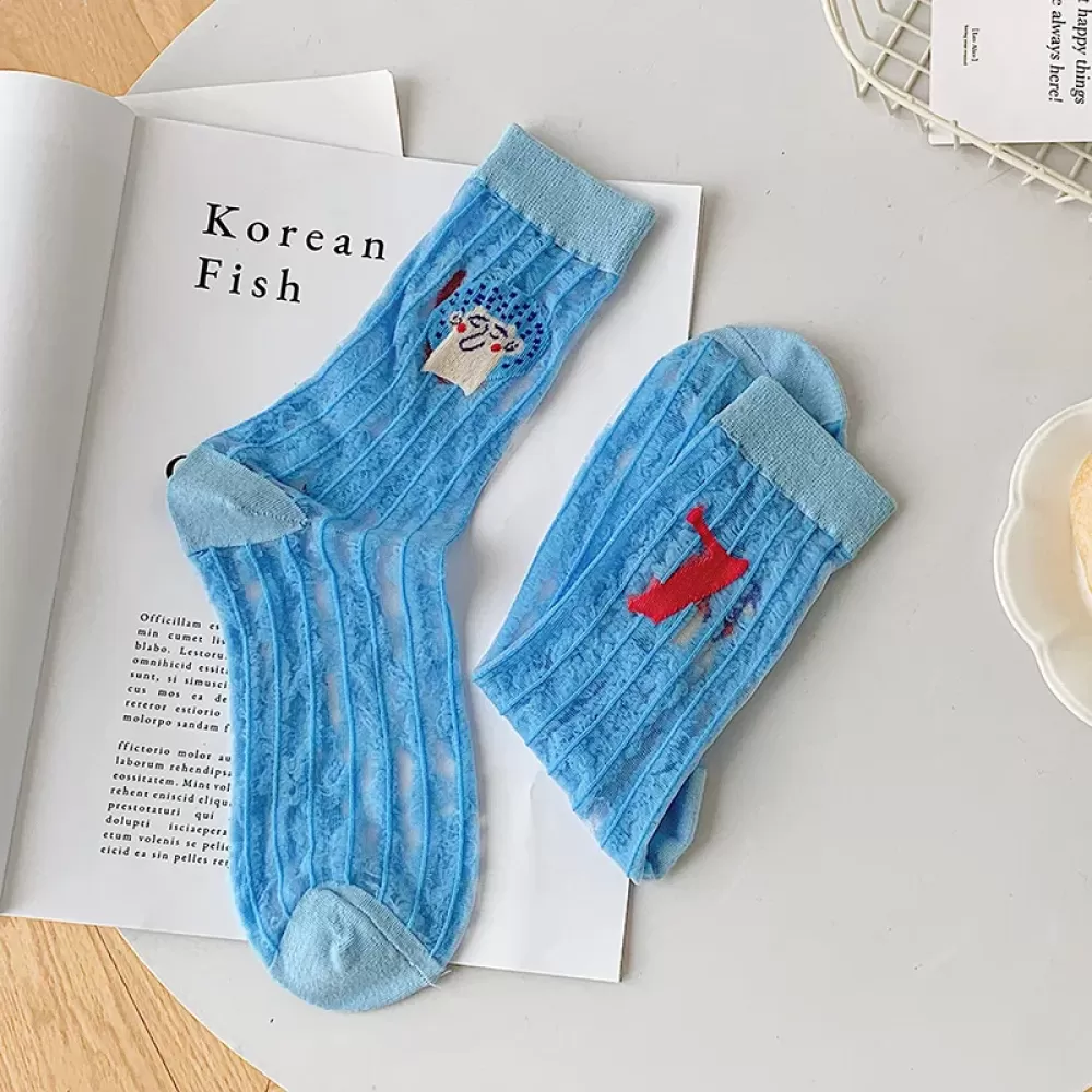 Japanese Harajuku Socks – Spring/Summer Chic Cartoon Character Embroidery Silk Socks - Blue