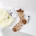 Japanese Style Sweet Crystal Glass Silk Socks – Ultra-Thin & Heart Print for Summer - Khaki