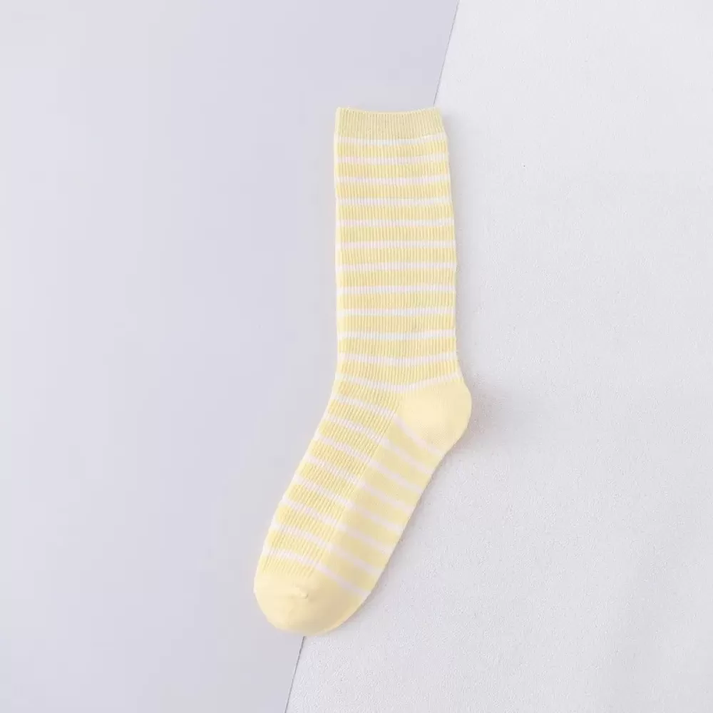 Korean Style Striped Middle Tube Socks – Casual Cotton Comfort for Women - Beige