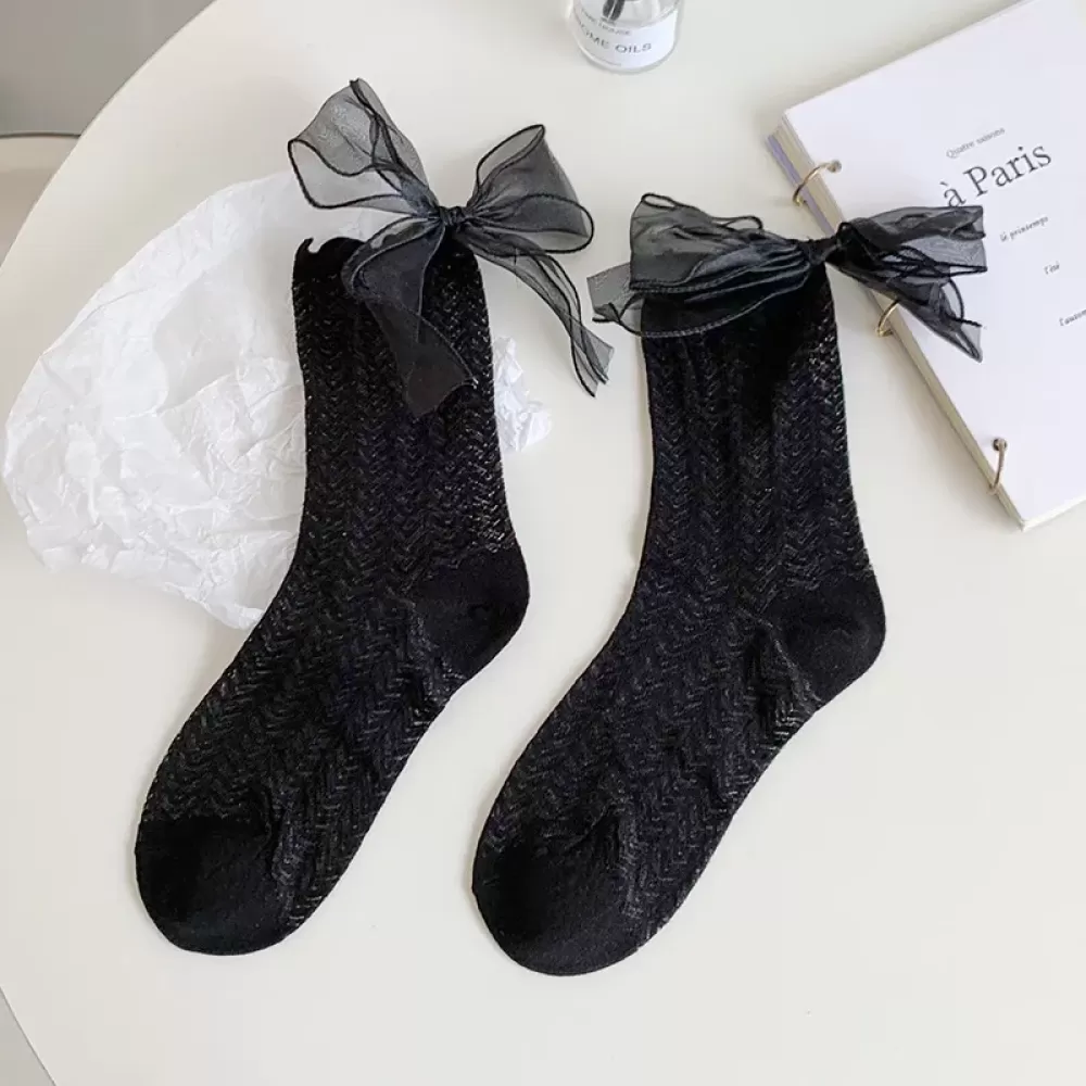 Lolita Hollow Thin Socks – Japanese JK Style with Heel Bow Accent - Black design 2