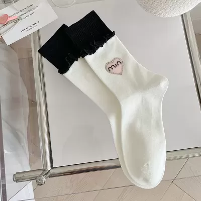 Luxury Rhinestone Heart Cotton Tube Socks – Designer European Style - Black-white
