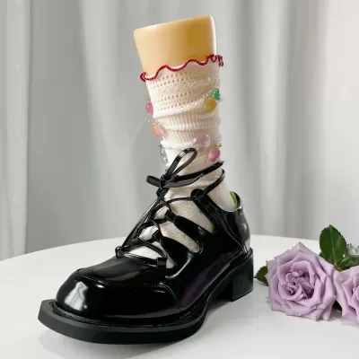 Millennial Korean Girl Lace Fishnet Calf Socks – Niche Design JK Candy-Colored Fruit Party - White