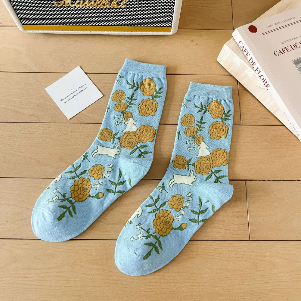 Retro Women’s Long Socks – Japanese Vintage Fashion with Floral Embroidery - Kawaii blue design 2