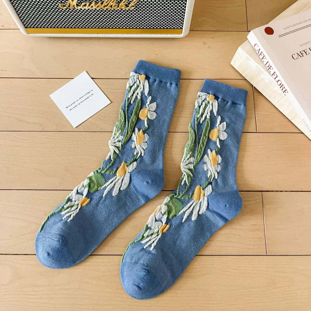 Retro Women’s Long Socks – Japanese Vintage Fashion with Floral Embroidery - Kawaii blue design 3