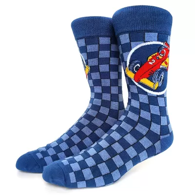 Road Thrills: Vehicle-Inspired Cotton Crew Socks - Blue red car