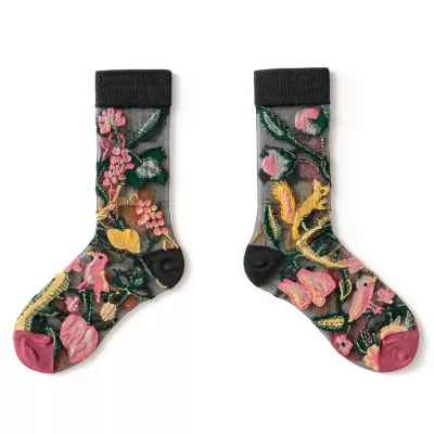 Summer Crystal Silk Tulle Socks – Retro Mesh with Floral & Animal Designs - Cool sheer design 12