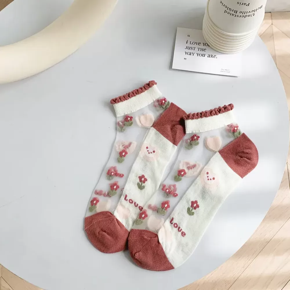 Sweet Little Flower Bear Boat Socks – Japanese Harajuku Style Transparent Thin Socks - Kawaii sheer design 3