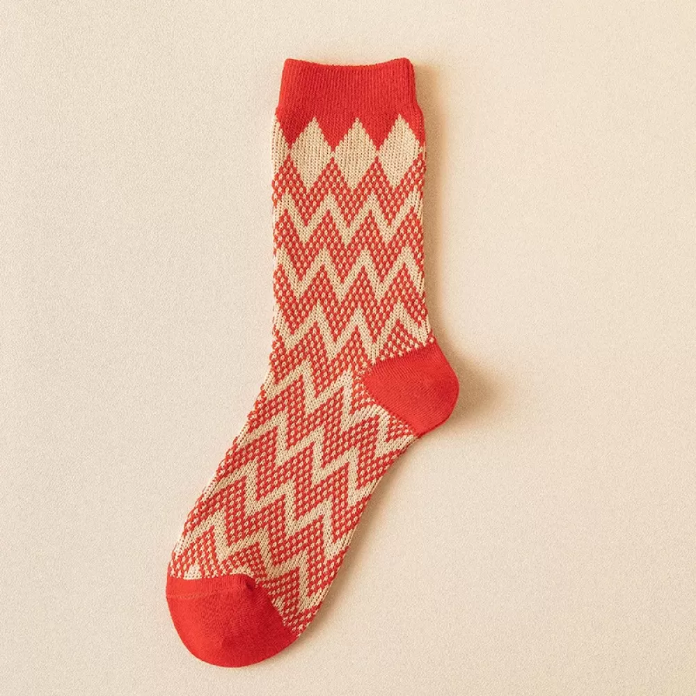 Trendy Year Red Tube Socks – Warm Autumn Winter Retro Long Socks for Women - Design 9