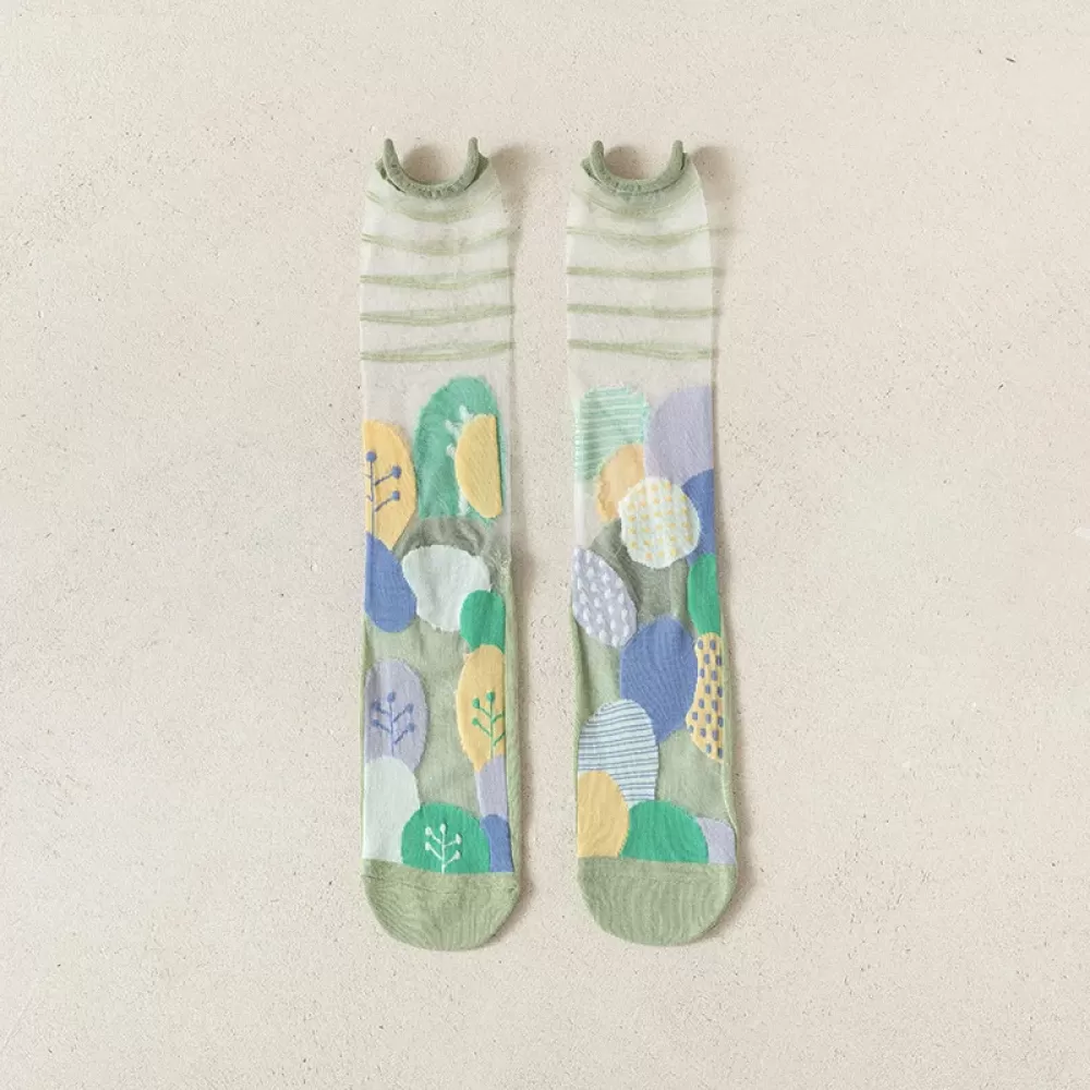 Ultra-Thin Crystal Silk Socks – Harajuku Floral Retro, Summer Chic - Sheer kawaii design 1
