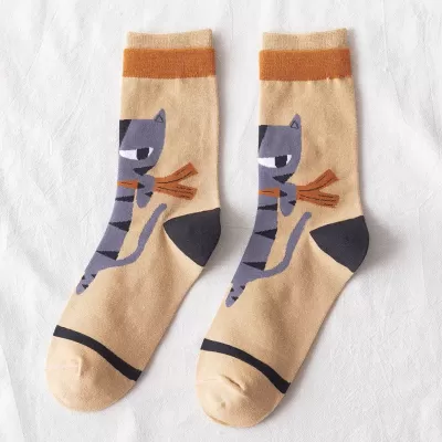 Whimsical Whiskers: Korean Cute Cat Face Socks - Pink and Grey