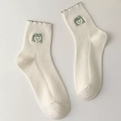 White Frilly Cartoon Avatar Embroidery Kawaii Socks