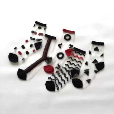 5-Pack Candy Dot & Red Lips Fashion Ankle Socks – Sweet Summer Sheer - Black patterns sheer socks 5 pairs