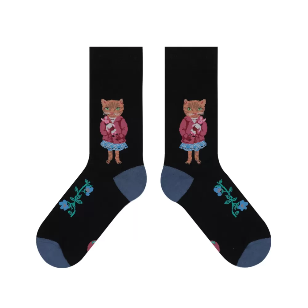 Autumn Animal Cartoon Socks – Cozy Combed Cotton with Cute Rabbit & Cat - Cat cool design 2